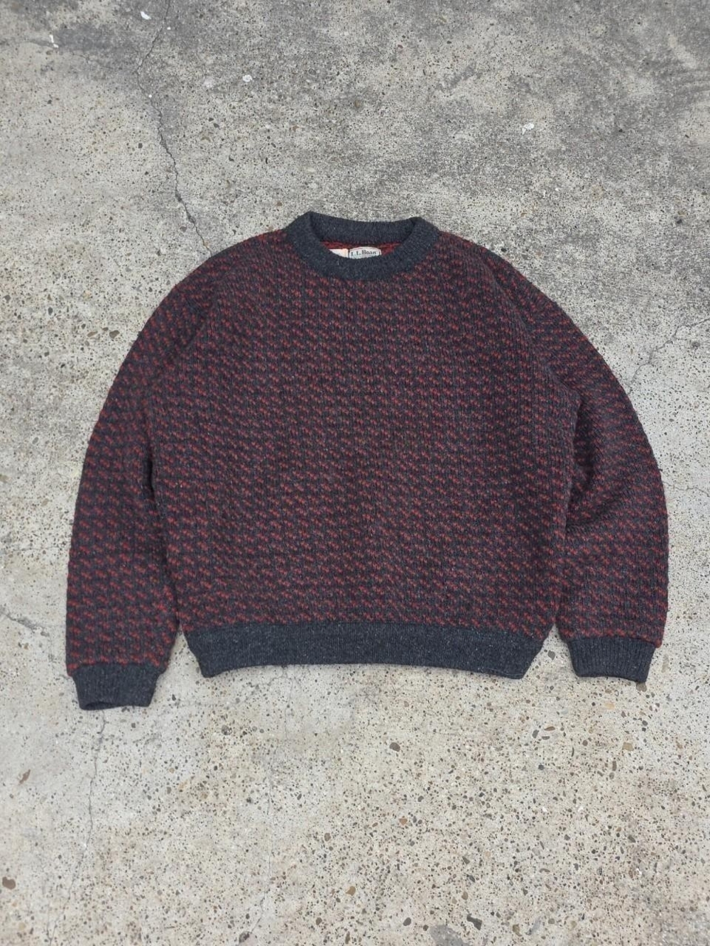 Vintage LL Bean Men's Birds Eye Norwegian Wool Fisherman Sweater Red Gray Large